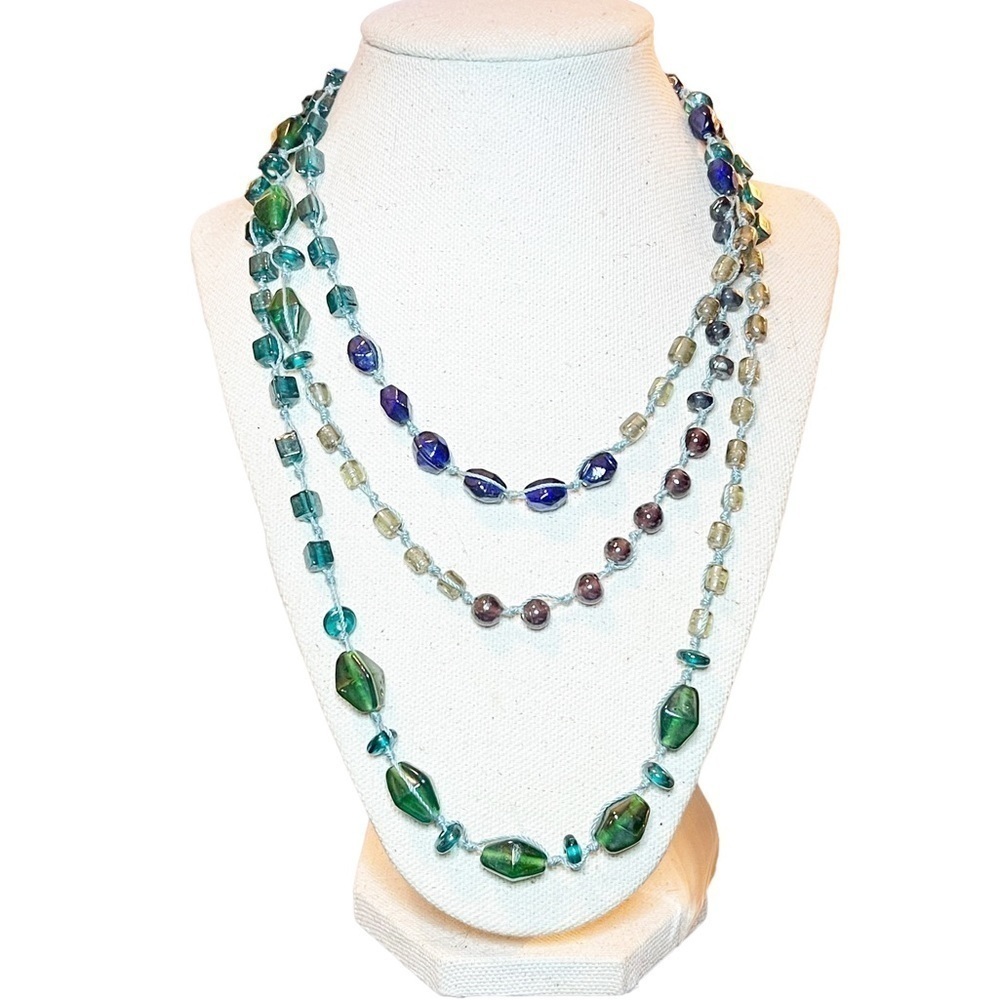 Vintage Handmade Multicolored Knot Tied Glass Statement Wrap Necklace 29.5” Drop
